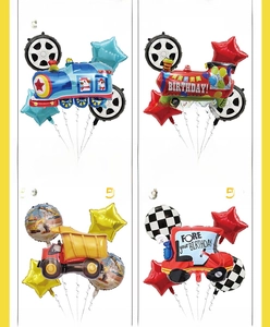 Detailed view of 5-piece foil balloon set with cartoon train and construction vehicle themes