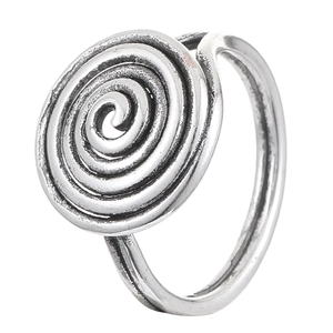 Macro view of vintage silver spiral texture ring with hollowed double line band design