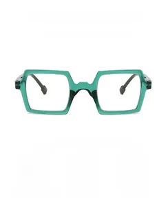 Detail of square green translucent frame reading glasses with black temples and UV protection