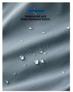 Detailed macro shot showing waterproof coating with water droplets on grey cotton fabric