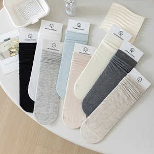 Damen Slouch Crew Socken Gerippt Dünn Atmungsaktiv Baumwolle Einfarbig Casual Mittelhoch