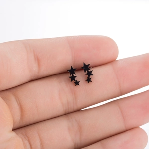 Minimalist black stainless steel ear studs with triple star design for women