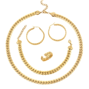 Titanium Steel Jewelry For Women Gold Plated Cuban Link Necklace Bracelet Woven Texture Hoop Earrings Ring Fashion Trendy