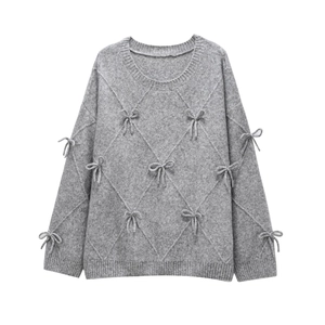 Grey knit sweater featuring elegant diamond patterns and 3D bow accents for women