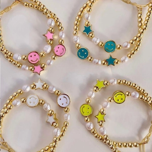 Natural Freshwater Pearl Bracelet Gold Plated Copper Beads Enamel Smiley Face Star Charms Adjustable Hand Woven Jewelry