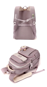Detail of ergonomic S-shaped shoulder straps and side view of large capacity school backpack