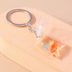 Creative clear water bag keychain with orange goldfish and liquid in silver ring