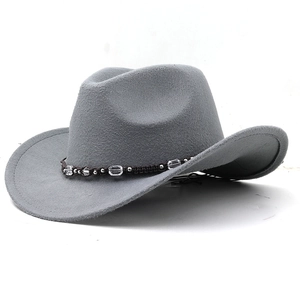 Detailed view of grey wool felt cowboy hat with beaded ethnic band and crystal accents