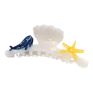 Iridescent seashell hair claw clip with deep blue whale and yellow starfish accents