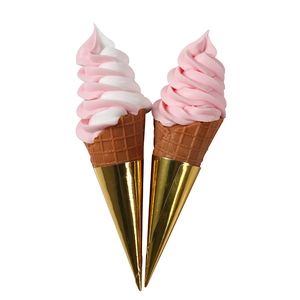 Realistic artificial pink and white swirl ice cream cones with gold foil wrap in 2-pack