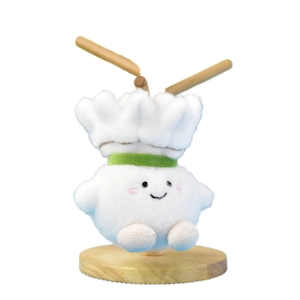 Cute cartoon shuttlecock plush toy with dragonfly propeller on a round wooden stand