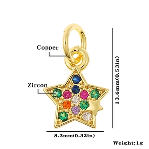 Macro detail of a 13.6mm gold star pendant with multi-colored zircon stones and dimensions