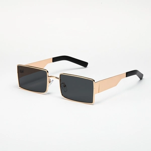 Retro rectangular gold metal sunglasses with dark black lenses and narrow frame