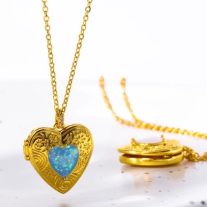 Heart Locket Necklace Copper Gold Plated With Blue White Imitation Opal Openable Photo Holder Floral Embossed Clavicle Chain