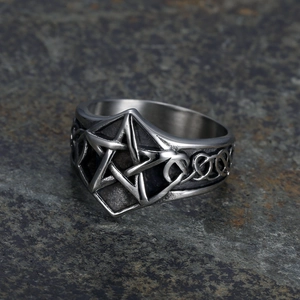 Vintage punk pentagram ring with celtic knot relief on stainless steel band