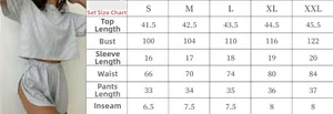 Size chart for knit short sleeve set with dimensions for S to XXL in centimeters