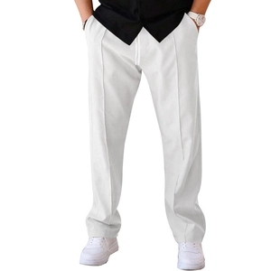 Detail of white wide-leg trousers featuring drawstring waist and vertical decorative stitching
