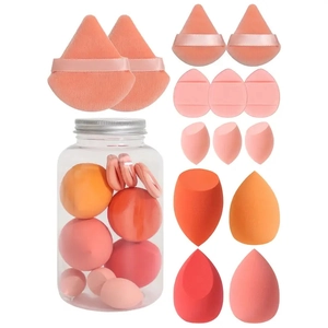 14-piece makeup sponge set with powder puffs and beauty blenders in coral orange
