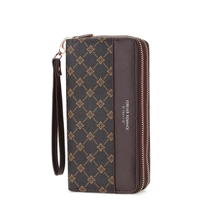 Classic dark brown long wallet with vintage gold patterns and zipper for women