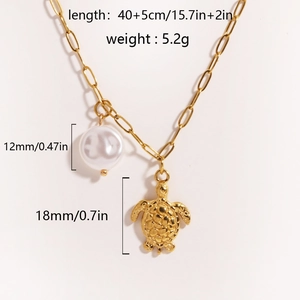 Gold stainless steel starfish and pearl pendant necklace with detailed size specifications