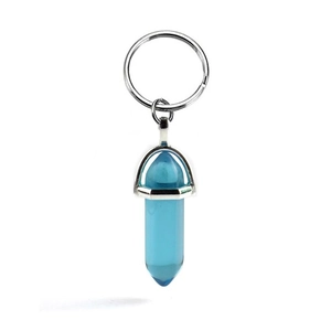 Minimalist light blue crystal hexagonal pillar keychain with polished silver ring