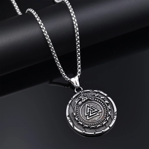 Viking totem necklace with Valknut pendant and Ouroboros ring in vintage silver finish