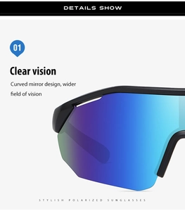 Detail view of polarized sports sunglasses with curved blue-purple mirror lenses
