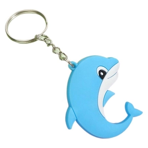 3D blue dolphin keychain with silicone body and durable metal ring on white background