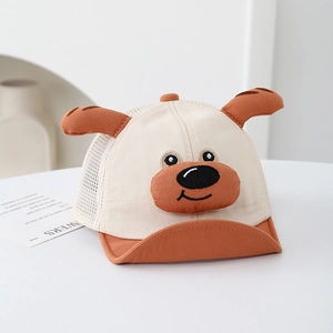 Detailed close-up of breathable mesh back and cute dog ear design on summer baby sun hat