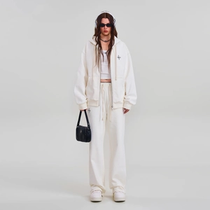 Ensemble sweat à capuche zippé oversize et pantalon large blanc crème en coton