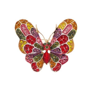 Colorful rhinestone butterfly brooch pin with multicolored crystals on a gold alloy base