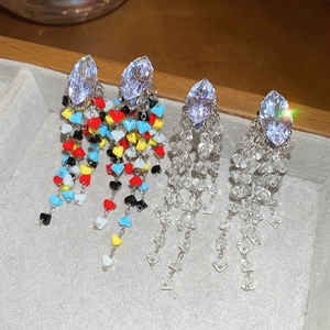 Silver needle marquise crystal tassel earrings with multicolor and clear bead fringe