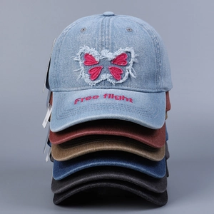 Cotton Denim Baseball Cap With Butterfly Patch Embroidery Distressed Vintage Fashion Adjustable Sun Hat For Women