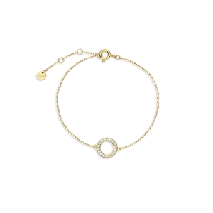 Macro shot of S925 sterling silver gold bracelet with micro-paved crystal circle charm