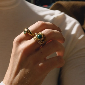 Retro 18K gold plated stainless steel layered ring set with green malachite gemstone