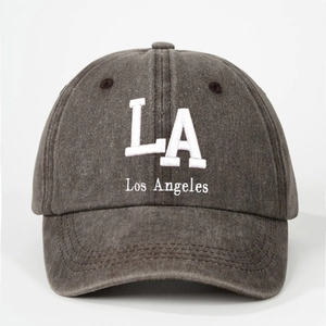 Adjustable dark grey washed cotton baseball cap with white LA Los Angeles embroidery