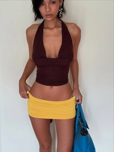 Haut Licou Dos Nu Et Mini Jupe Froncée Femmes Sexy Clubwear Mode D'Été Mesh Patchwork Tenues