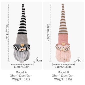 Detailed size specification for two Christmas gnome plush dolls with striped hats and dimensions