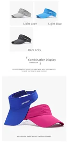 Detailed display of assorted breathable mesh sun visors with SPORT logo and wide brims