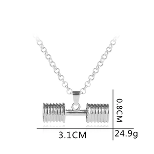 Silver dumbbell pendant necklace with dimensions 3.1x0.8cm weighing 24.9g on white background
