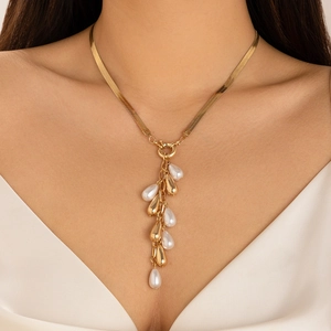 Elegant Imitation Artificial Pearl Tassel Necklace Baroque Style Retro Alloy Snake Chain For Women Wedding Party Jewelry