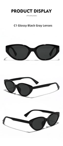 Three-angle views of glossy black cat-eye sunglasses with gray lenses and rivet details