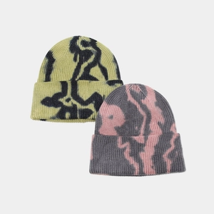Tie-dye slouchy knit beanies in green-black and pink-grey for winter street style
