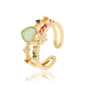 Macro detail of gold-plated double-layer ring with green cat eye stone and tiny pearls
