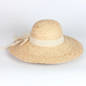 Wide brim raffia sun hat for women with elegant white lace ribbon and bow detail