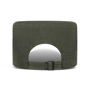 Army green flat top cotton cadet cap with adjustable metal buckle back view