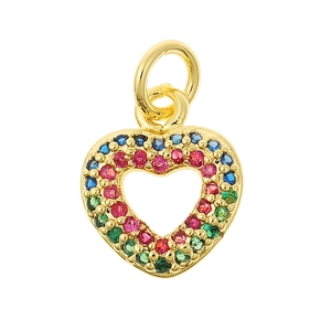 Golden heart-shaped pendant with multicolored gemstones and top ring on white background