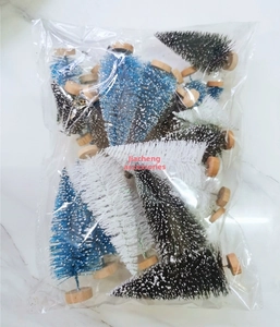 Bulk pack of mini sisal Christmas trees in blue and white with round wooden bases