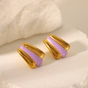 Detailed close-up of 18k gold plated stainless steel earrings with purple enamel