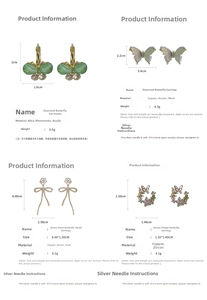 Detailed size and material chart for floral and butterfly earrings with pearl and zircon